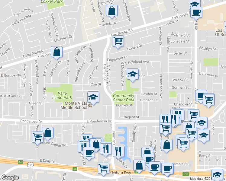 map of restaurants, bars, coffee shops, grocery stores, and more near 1014 North Agusta Avenue in Camarillo
