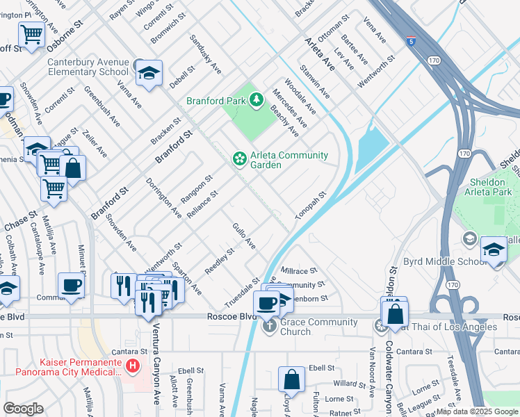map of restaurants, bars, coffee shops, grocery stores, and more near 8673 Canterbury Avenue in Los Angeles