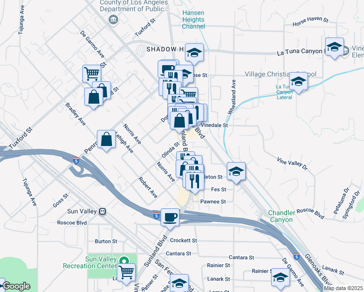 map of restaurants, bars, coffee shops, grocery stores, and more near 8649 Sunland Boulevard in Los Angeles