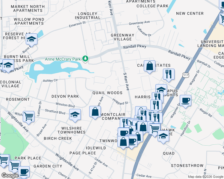 map of restaurants, bars, coffee shops, grocery stores, and more near 4233 Sequoia Court in Wilmington