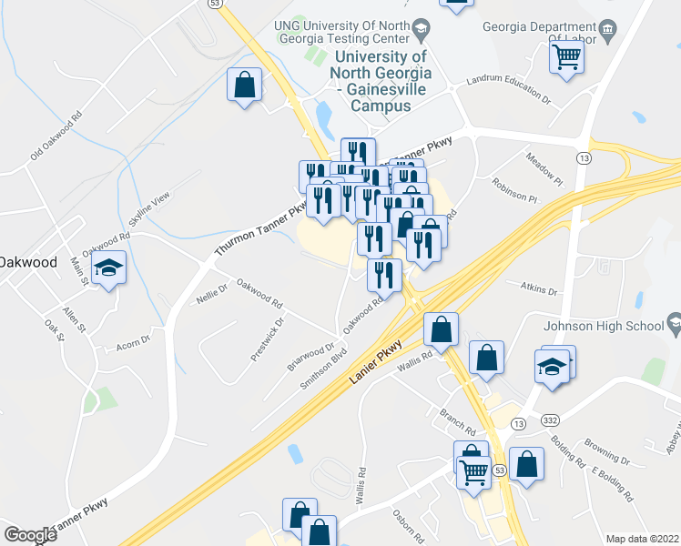 map of restaurants, bars, coffee shops, grocery stores, and more near 3742 Mundy Mill Drive in Oakwood