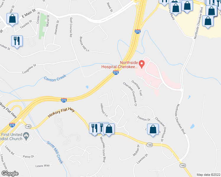 map of restaurants, bars, coffee shops, grocery stores, and more near 429 Hillcrest Cmns in Canton
