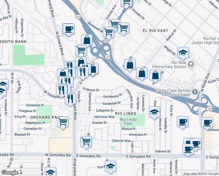 map of restaurants, bars, coffee shops, grocery stores, and more near 285 Saint Marys Drive in Oxnard