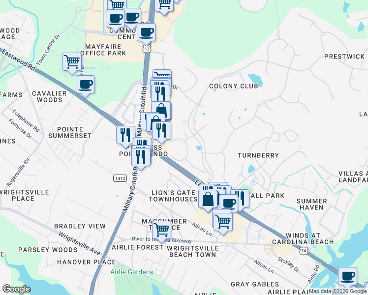 map of restaurants, bars, coffee shops, grocery stores, and more near 1707 Fontenay Place in Wilmington