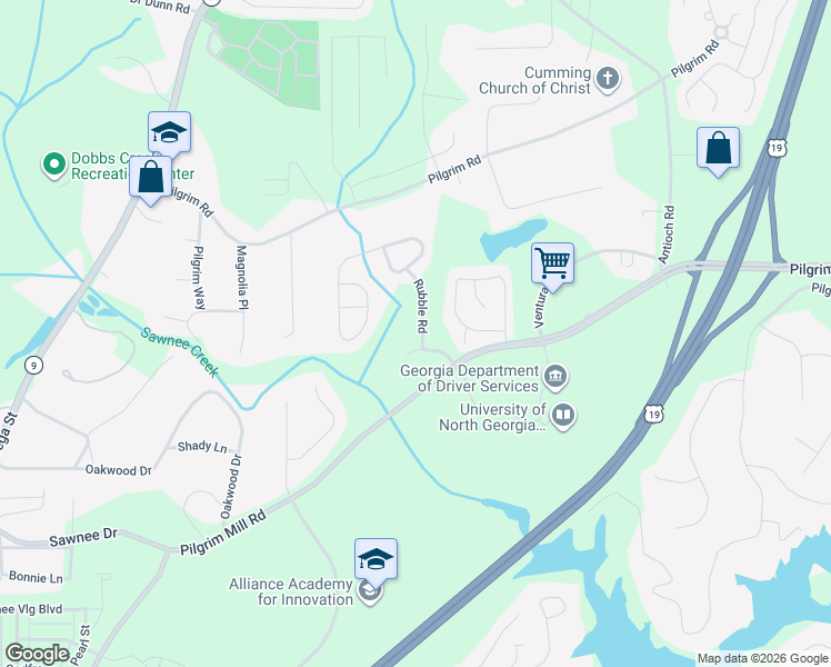 map of restaurants, bars, coffee shops, grocery stores, and more near 1209 Rubble Road in Cumming