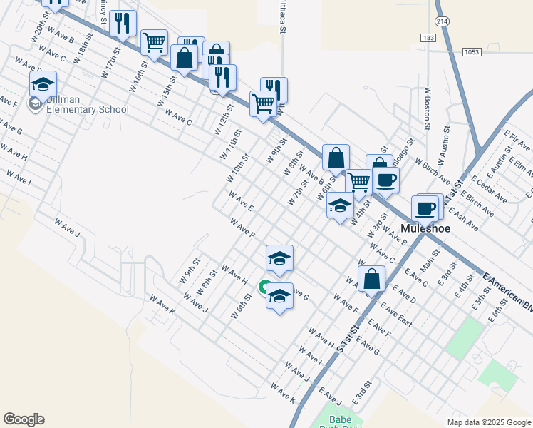 map of restaurants, bars, coffee shops, grocery stores, and more near 716 West Avenue East in Muleshoe