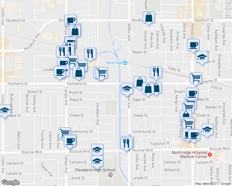 map of restaurants, bars, coffee shops, grocery stores, and more near 8622 Wystone Avenue in Los Angeles