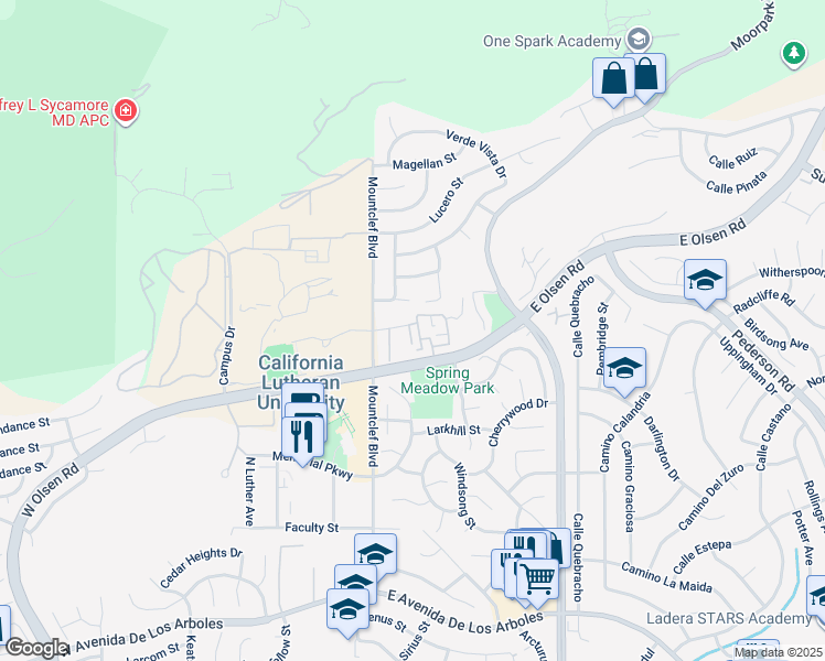 map of restaurants, bars, coffee shops, grocery stores, and more near 39 McAfee Court in Thousand Oaks