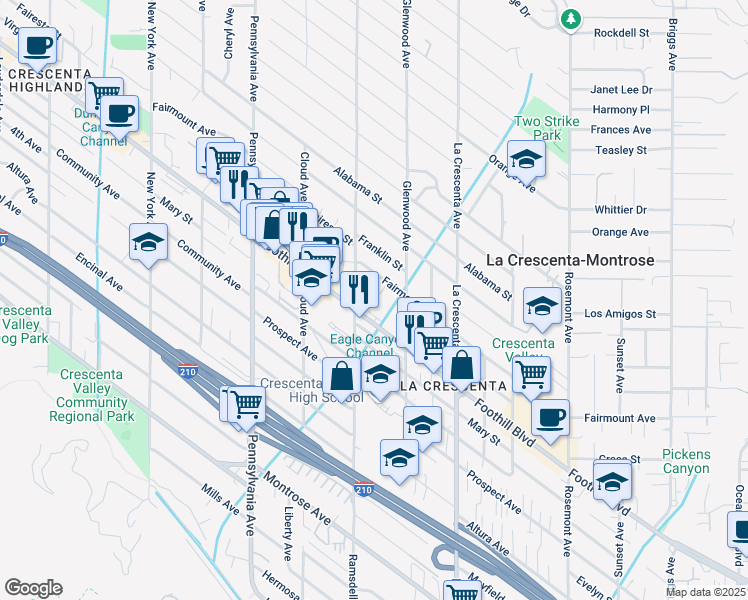 map of restaurants, bars, coffee shops, grocery stores, and more near 4516 Ramsdell Avenue in La Crescenta-Montrose