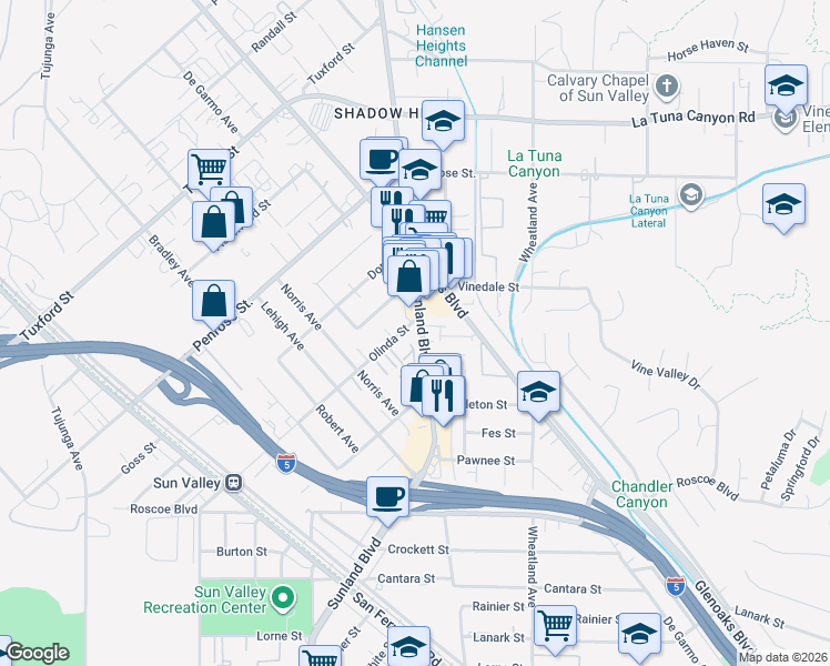 map of restaurants, bars, coffee shops, grocery stores, and more near 8649 Sunland Boulevard in Los Angeles