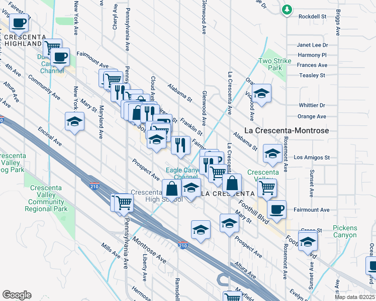 map of restaurants, bars, coffee shops, grocery stores, and more near 2943 Foothill Boulevard in La Crescenta-Montrose