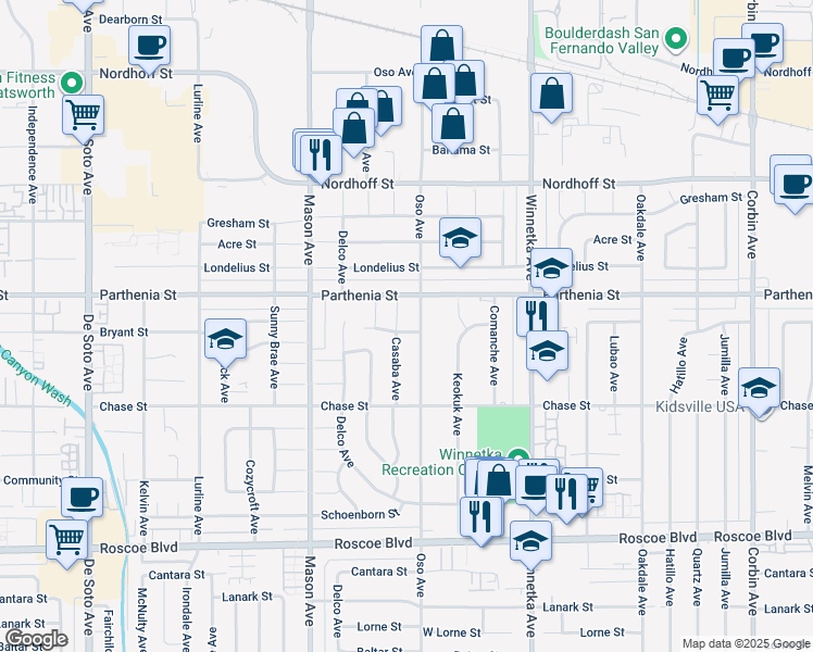 map of restaurants, bars, coffee shops, grocery stores, and more near 20330 Bryant Street in Los Angeles