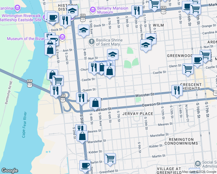 map of restaurants, bars, coffee shops, grocery stores, and more near 614 Queen Street in Wilmington
