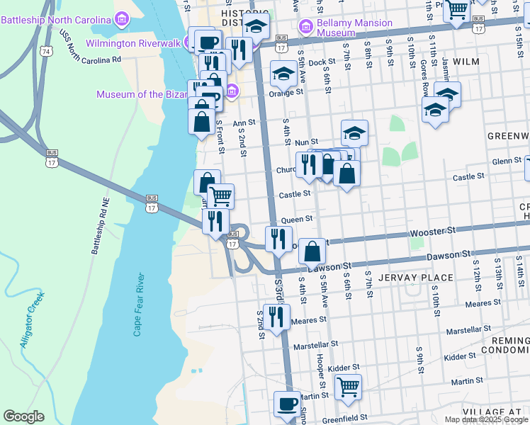 map of restaurants, bars, coffee shops, grocery stores, and more near 617 South 2nd Street in Wilmington