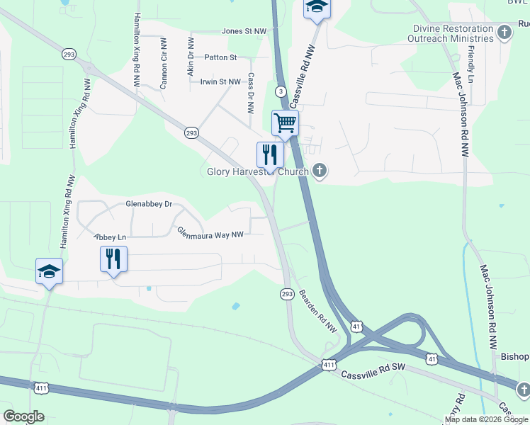 map of restaurants, bars, coffee shops, grocery stores, and more near 1316 Cassville Road Southwest in Cartersville