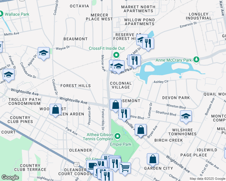 map of restaurants, bars, coffee shops, grocery stores, and more near 3119 Camden Circle in Wilmington