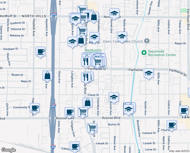 map of restaurants, bars, coffee shops, grocery stores, and more near 8615 Columbus Avenue in Los Angeles
