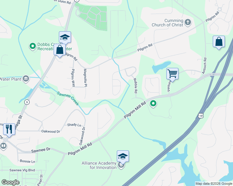 map of restaurants, bars, coffee shops, grocery stores, and more near 1525 Brookmere Way in Cumming