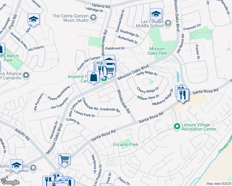 map of restaurants, bars, coffee shops, grocery stores, and more near 5376 San Francesca Drive in Camarillo