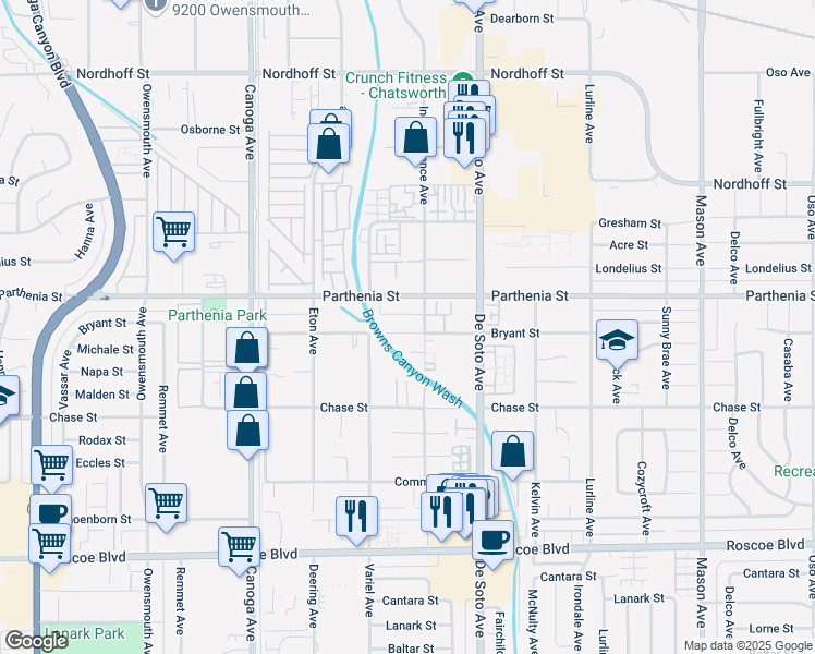 map of restaurants, bars, coffee shops, grocery stores, and more near 21019 Bryant Street in Los Angeles