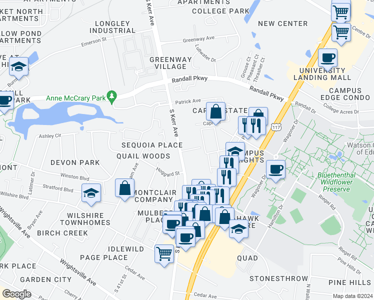 map of restaurants, bars, coffee shops, grocery stores, and more near 4524 Kimberly Way in Wilmington