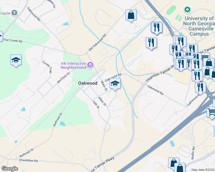 map of restaurants, bars, coffee shops, grocery stores, and more near 4206 Oakwood Road in Oakwood