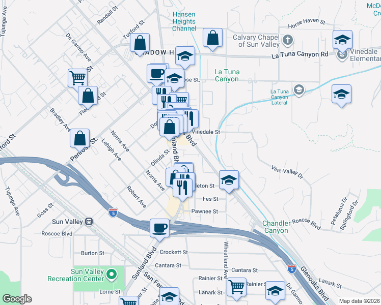 map of restaurants, bars, coffee shops, grocery stores, and more near 8641 Glenoaks Blvd in Sun Valley