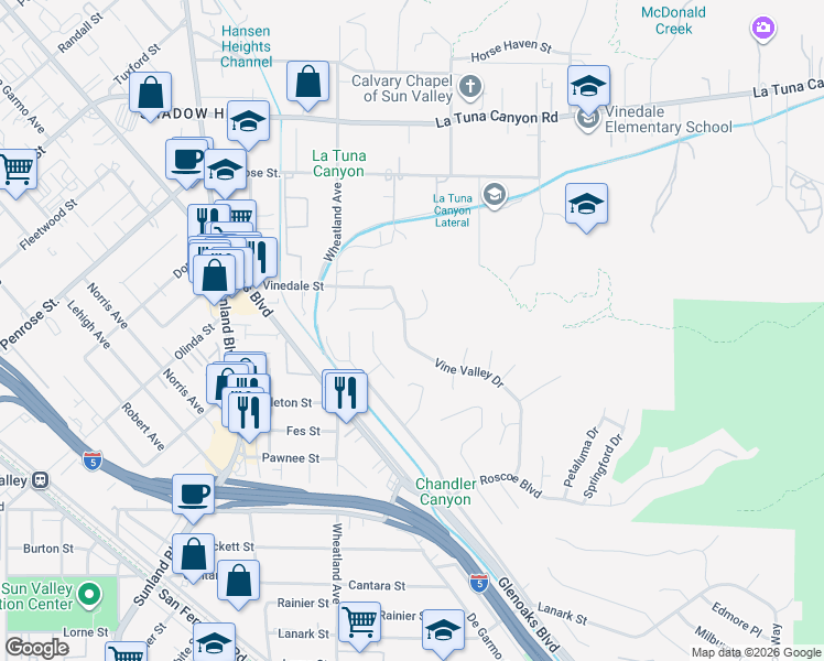 map of restaurants, bars, coffee shops, grocery stores, and more near 8674 Vine Valley Drive in Los Angeles