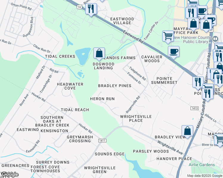 map of restaurants, bars, coffee shops, grocery stores, and more near 135 Bradley Pines Drive in Wilmington