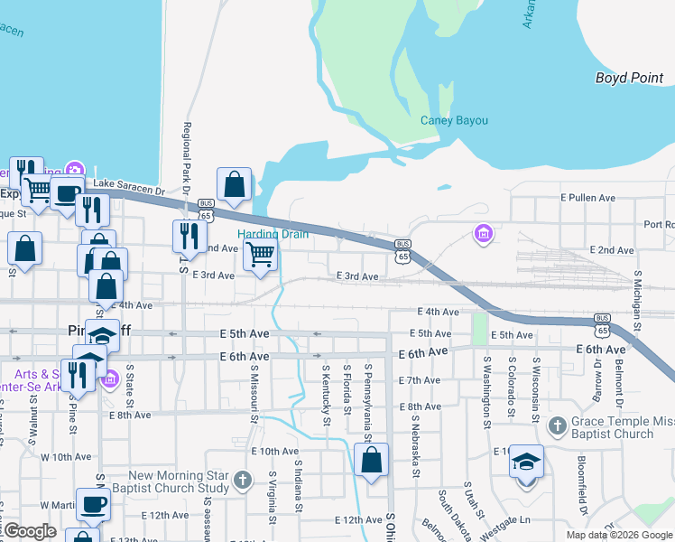 map of restaurants, bars, coffee shops, grocery stores, and more near 1107 East 3rd Avenue in Pine Bluff
