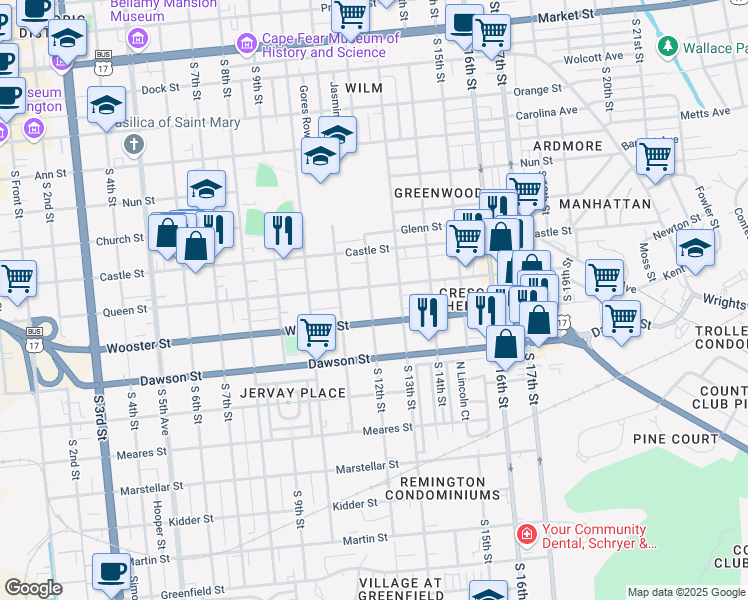 map of restaurants, bars, coffee shops, grocery stores, and more near 723 South 12th Street in Wilmington