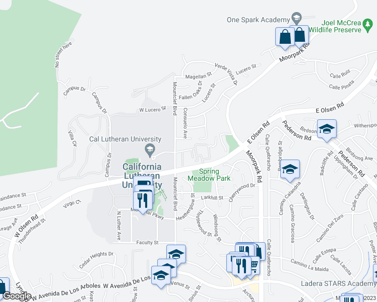map of restaurants, bars, coffee shops, grocery stores, and more near 121 McAfee Court in Thousand Oaks