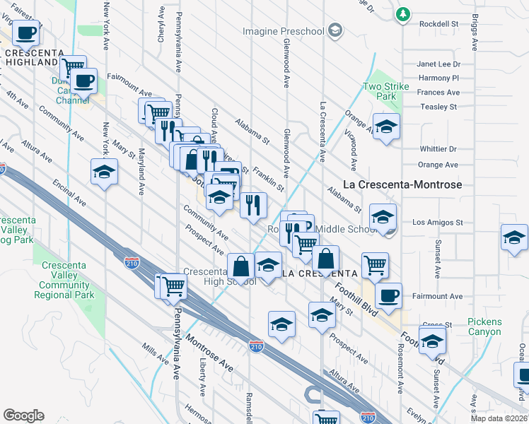 map of restaurants, bars, coffee shops, grocery stores, and more near 2943 Foothill Boulevard in La Crescenta-Montrose
