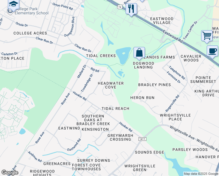 map of restaurants, bars, coffee shops, grocery stores, and more near 1026 Headwater Cove Lane in Wilmington