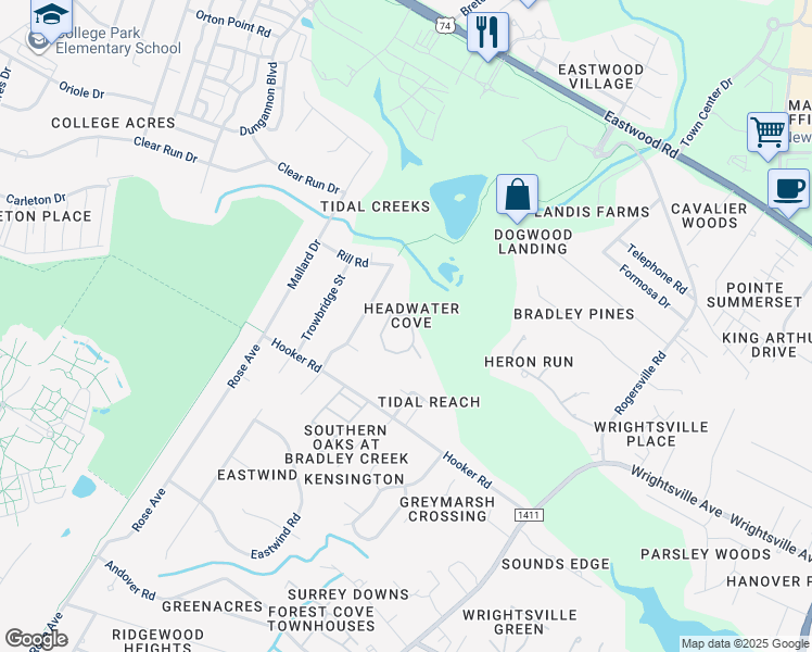 map of restaurants, bars, coffee shops, grocery stores, and more near 1026 Headwater Cove Lane in Wilmington
