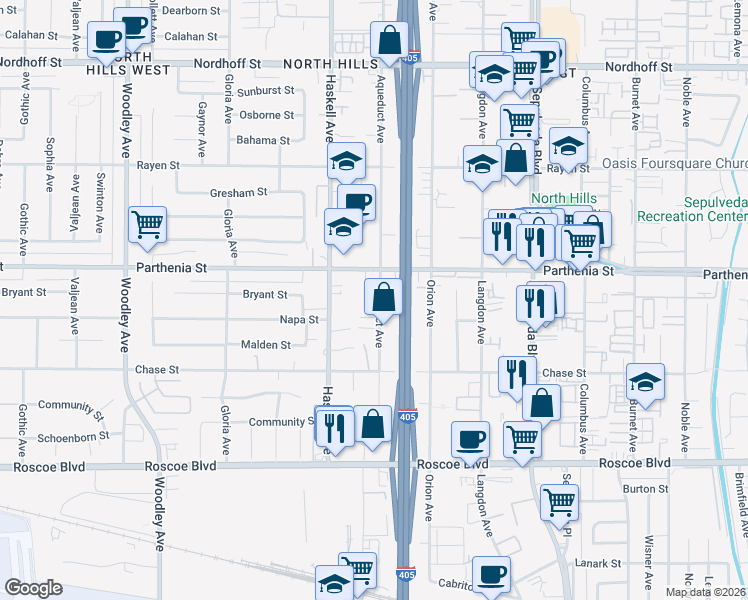 map of restaurants, bars, coffee shops, grocery stores, and more near 8621 Aqueduct Avenue in North Hills