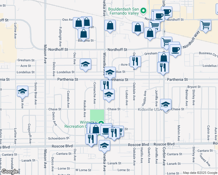 map of restaurants, bars, coffee shops, grocery stores, and more near 20051 Lila Place in Los Angeles