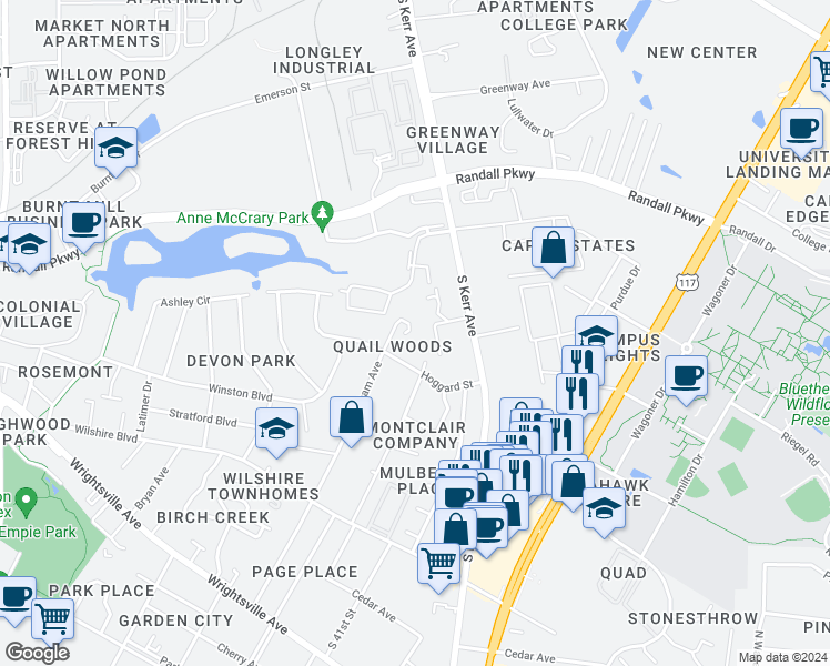 map of restaurants, bars, coffee shops, grocery stores, and more near 4233 Sequoia Court in Wilmington