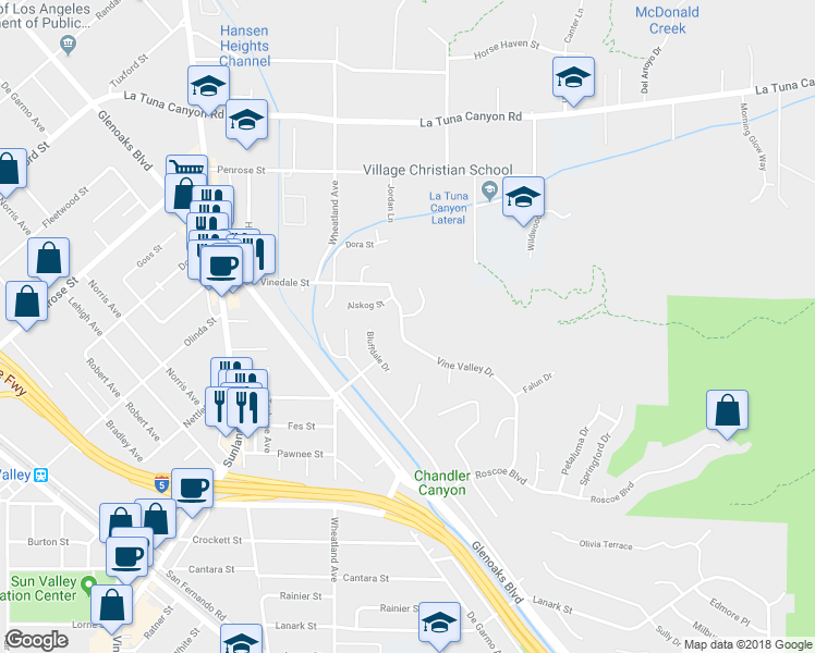 map of restaurants, bars, coffee shops, grocery stores, and more near 8674 Vine Valley Drive in Los Angeles