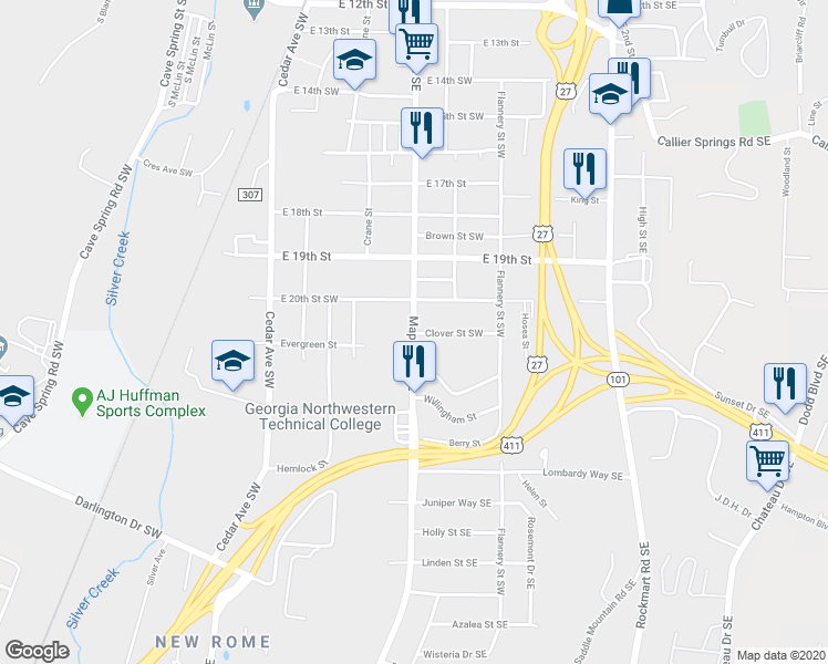 map of restaurants, bars, coffee shops, grocery stores, and more near 2009 Maple Avenue Southeast in Rome