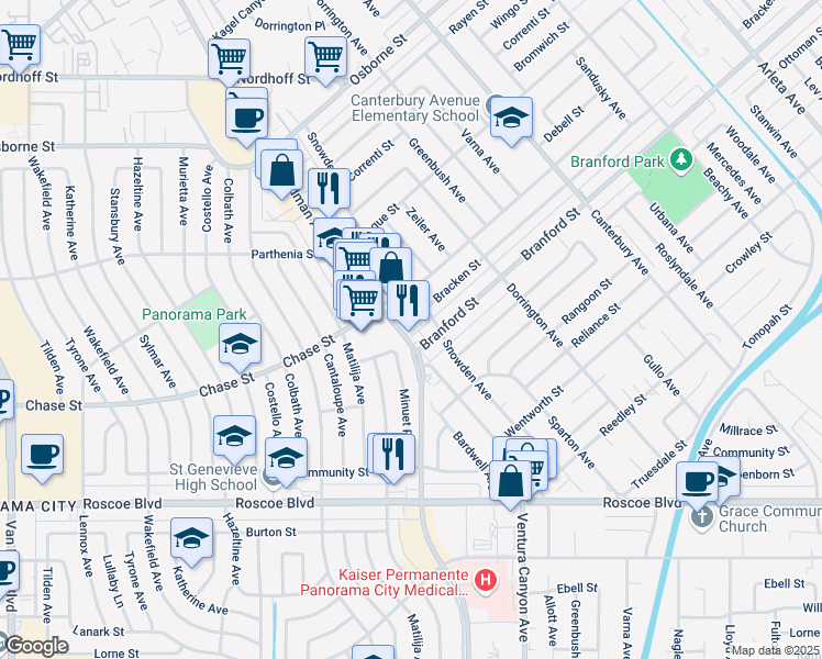 map of restaurants, bars, coffee shops, grocery stores, and more near 8631 Snowden Avenue in Los Angeles