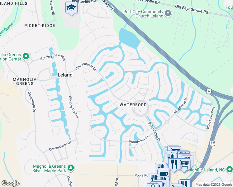 map of restaurants, bars, coffee shops, grocery stores, and more near 1001 Heron Run Drive in Leland