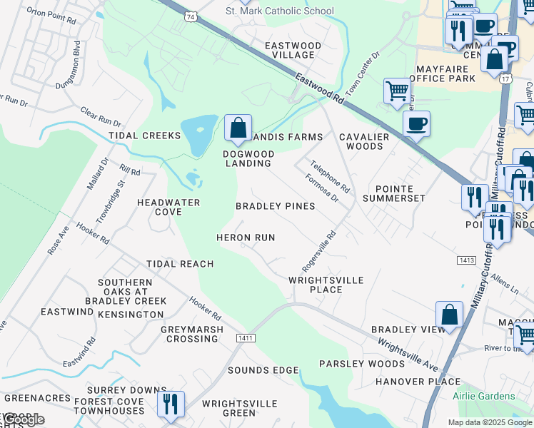 map of restaurants, bars, coffee shops, grocery stores, and more near 135 Bradley Pines Drive in Wilmington