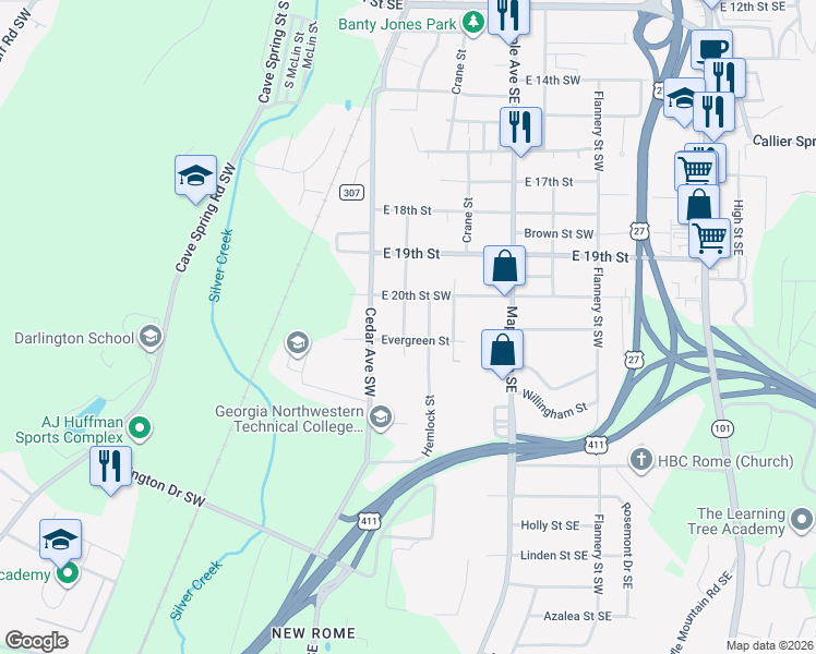 map of restaurants, bars, coffee shops, grocery stores, and more near 2013 Hull Avenue Southwest in Rome