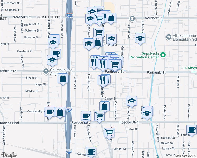 map of restaurants, bars, coffee shops, grocery stores, and more near 8609 Sepulveda Boulevard in Los Angeles