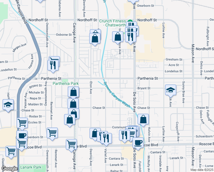 map of restaurants, bars, coffee shops, grocery stores, and more near 21059 Bryant Street in Los Angeles