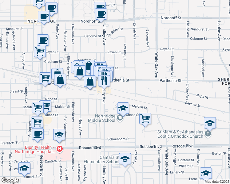 map of restaurants, bars, coffee shops, grocery stores, and more near 18022 Raymer Street in Los Angeles