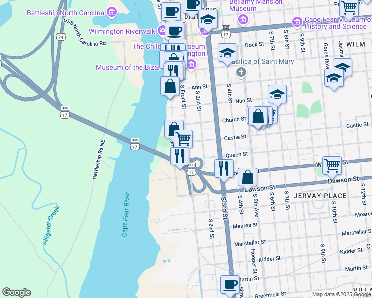 map of restaurants, bars, coffee shops, grocery stores, and more near 615 South Front Street in Wilmington