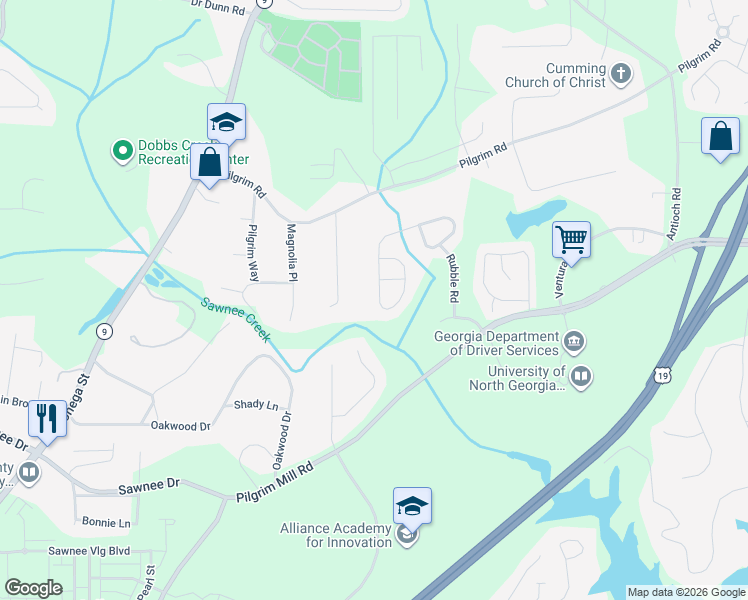 map of restaurants, bars, coffee shops, grocery stores, and more near 1525 Brookmere Way in Cumming