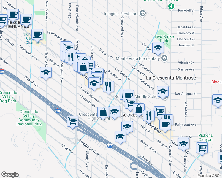 map of restaurants, bars, coffee shops, grocery stores, and more near 4516 Ramsdell Avenue in La Crescenta-Montrose